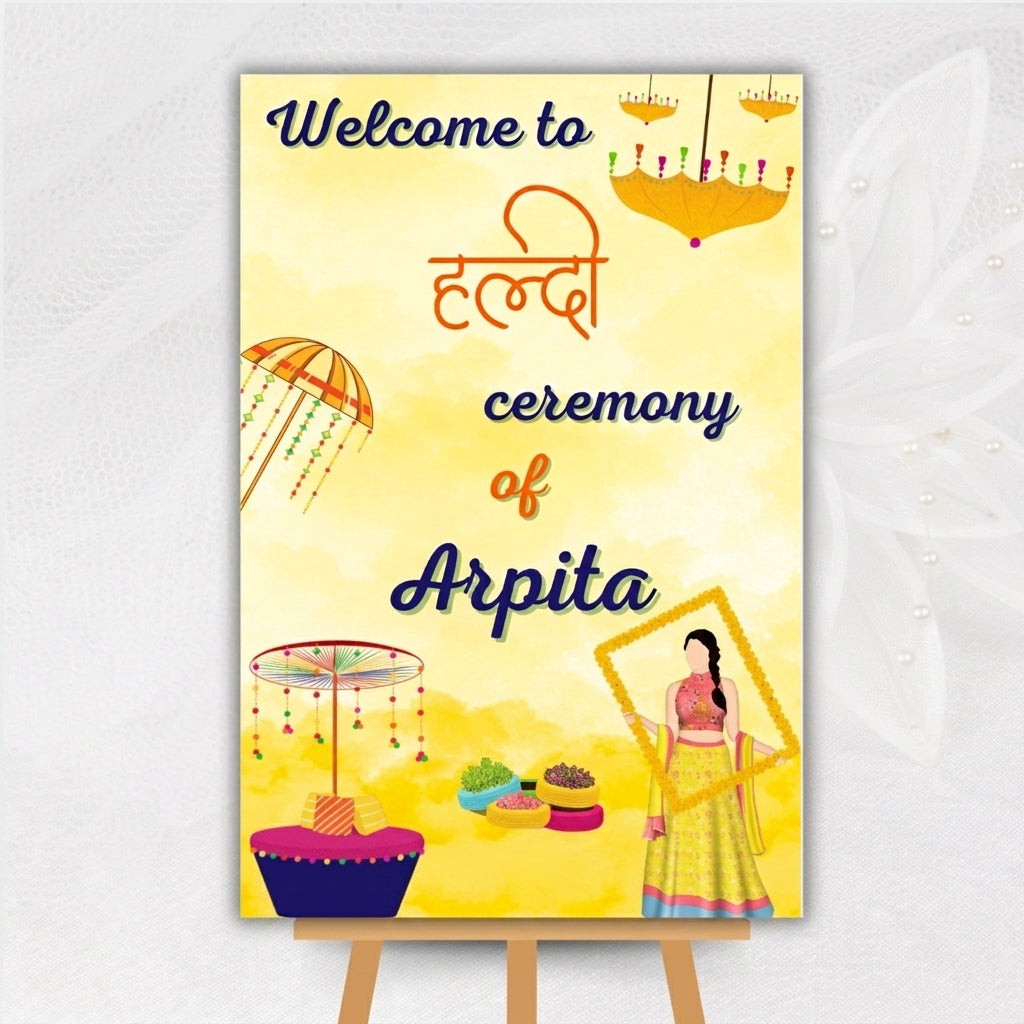 Bright Yellow Customized Haldi Welcome Board
