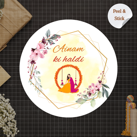 Elegant Floral Haldi Wedding Stickers- Custom Name Stickers for Wedding Invites & Gifts