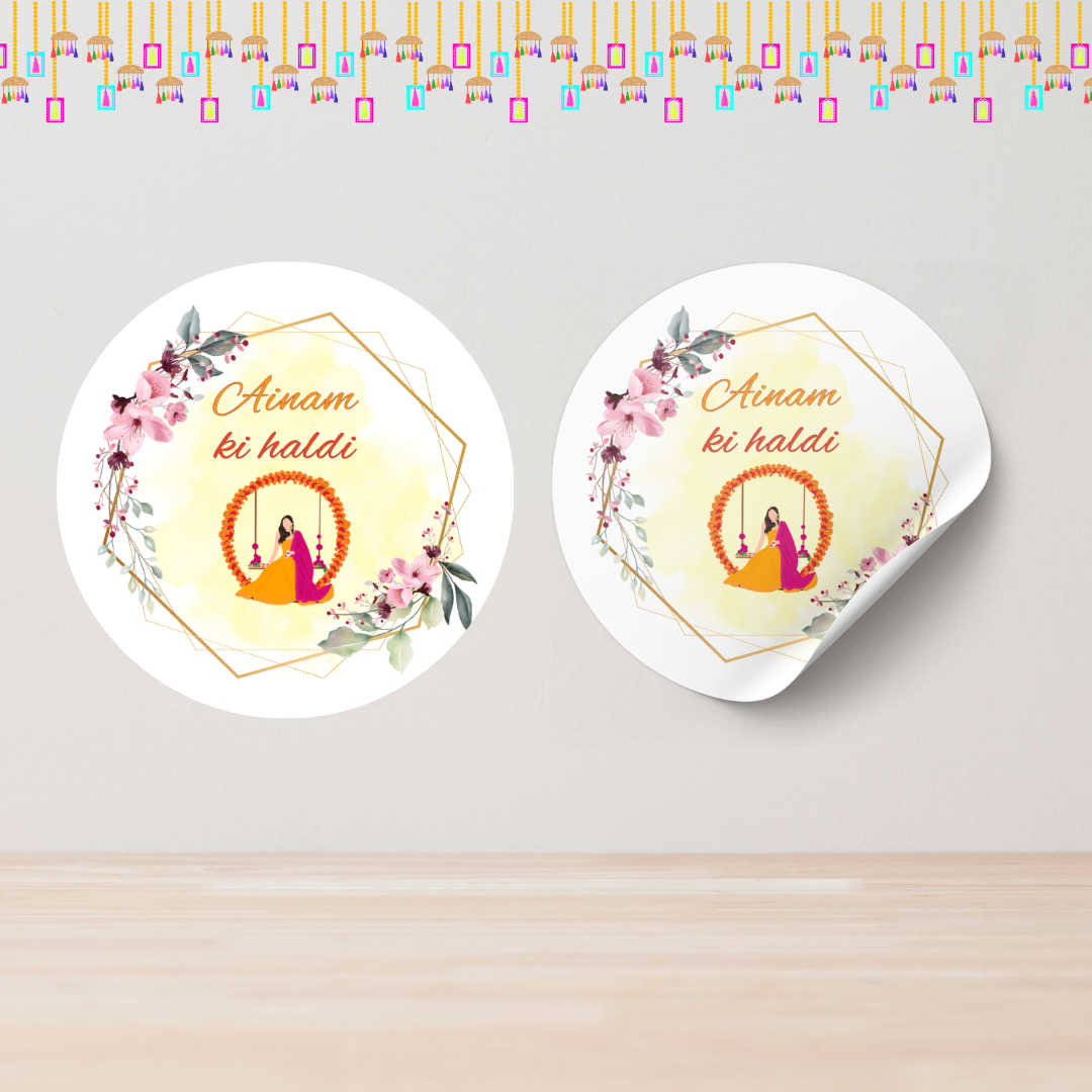 Elegant Floral Haldi Wedding Stickers- Custom Name Stickers for Wedding Invites & Gifts