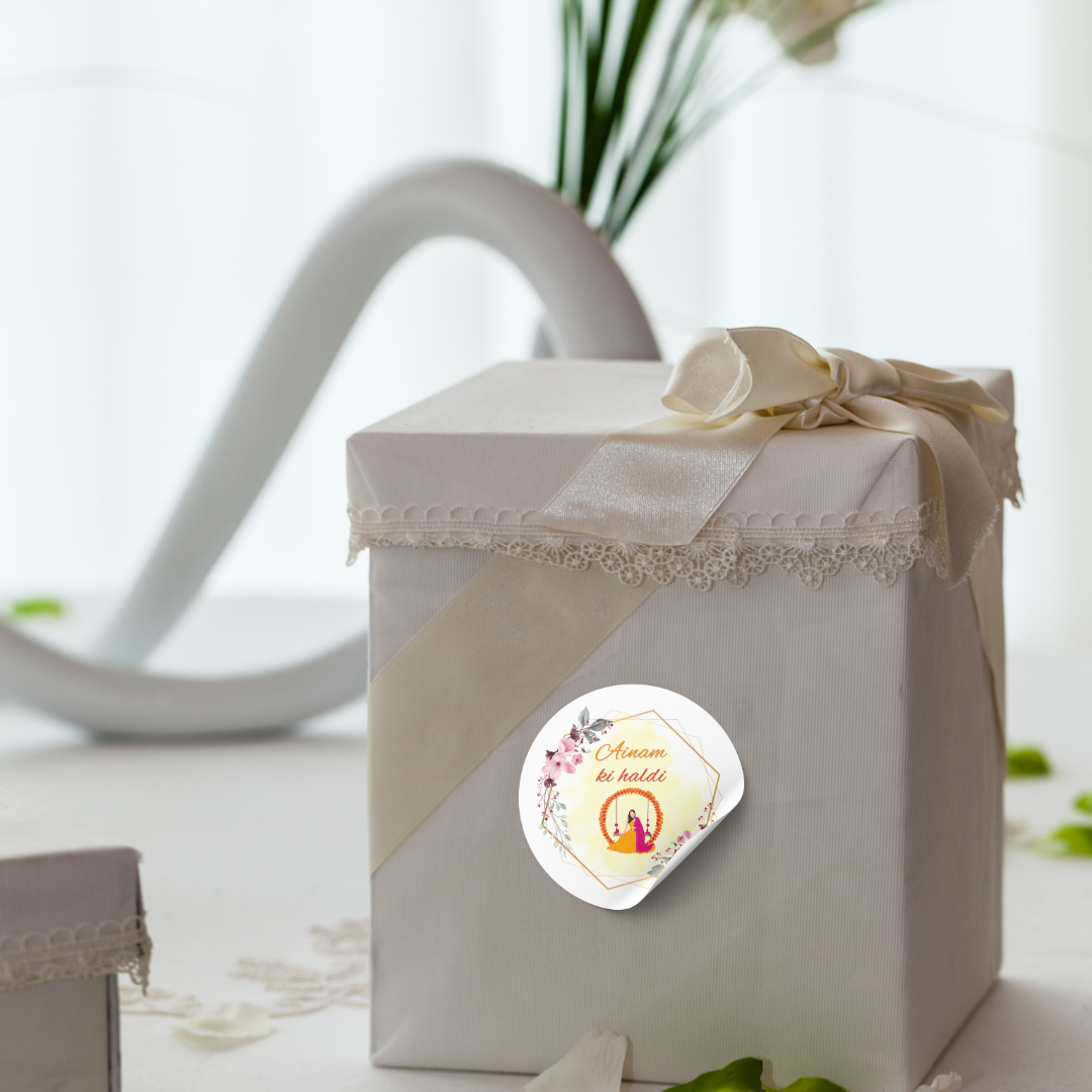 Elegant Floral Haldi Wedding Stickers- Custom Name Stickers for Wedding Invites & Gifts