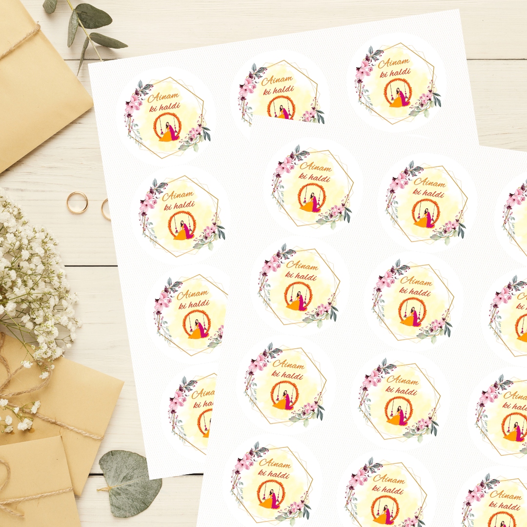 Elegant Floral Haldi Wedding Stickers- Custom Name Stickers for Wedding Invites & Gifts